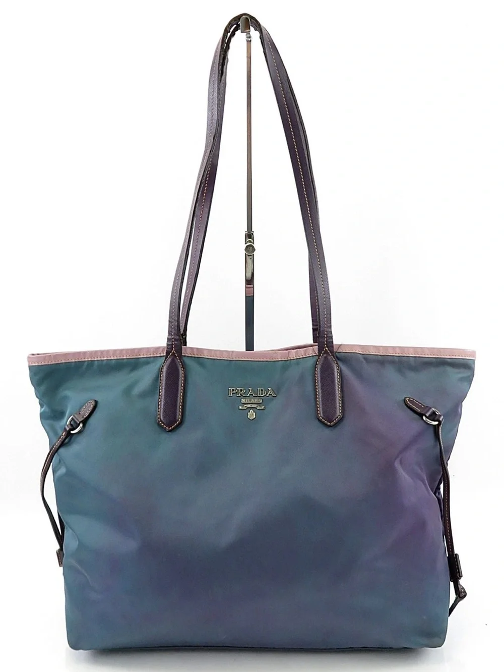 PRADA Iridescent Green-Blue to Purple Nylon Tote with Leather Trim